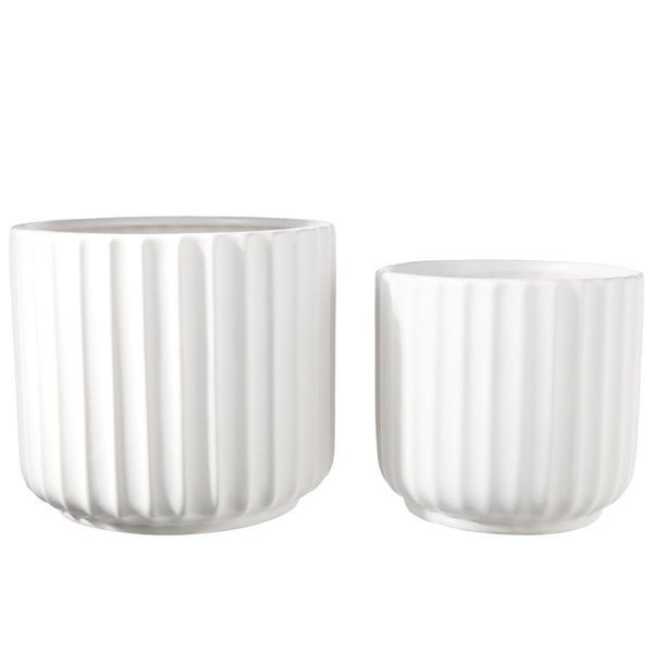 Urban Trends Collection Ceramic Round Pot with Embossed Vertical Ribbed Design Body Matte White Set of 2 36306